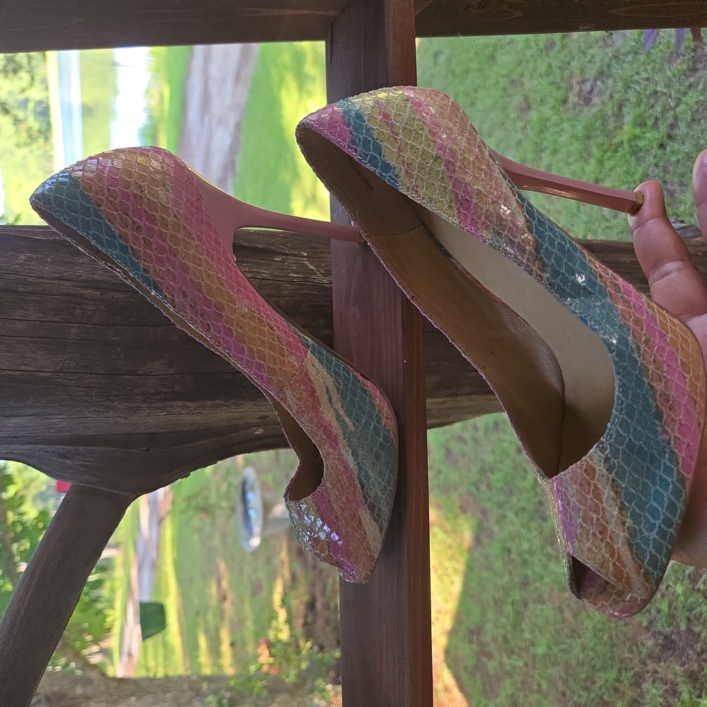 Baker's Princess Pastel Pink And Blue Snakeskin Leather Peep Toe High Heel - Picture 4 of 13